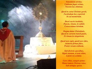 Vetustátem nóvitas,
Umbram fugat véritas,
Noctem lux elíminat.
Quod in cœna Christus gessit,
Faciéndum hoc expréssit
In sui memóriam.
Docti sacris institútis,
Panem, vinum, in salútis
Consecrámus hóstiam.
Dogma datur Christiánis,
Quod in carnem transit panis,
Et vinum in sánguinem.
Quod non capis, quod non vides,
Animósa firmat fides,
Præter rerum ordinem.
Sub divérsis speciébus,
Signis tantum, et non rebus,
Latent res exímiæ.
Caro cibus, sanguis potus:
Manet tamen Christus totus,
Sub utráque spécie.
 