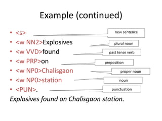 Example (continued)
• <s>
• <w NN2>Explosives
• <w VVD>found
• <w PRP>on
• <w NP0>Chalisgaon
• <w NP0>station
• <PUN>.
Explosives found on Chalisgaon station.
new sentence
plural noun
past tense verb
preposition
proper noun
noun
punctuation
 