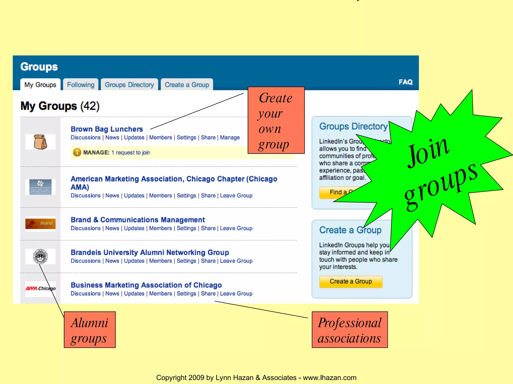 Join groups Alumni groups Professional associations Create your own group Create your own 