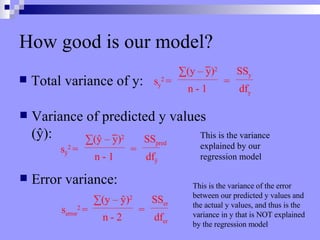 How good is our model? Total variance of y: Variance of predicted y values ( ŷ) : Error variance: This is the variance explained by our regression model This is the variance of the error between our predicted y values and the actual y values, and thus is the variance in y that is NOT explained by the regression model s y 2  = ∑ (y – y) 2 n - 1 SS y df y = s ŷ 2  = ∑ (ŷ – y) 2 n - 1 SS pred df ŷ = s error 2  = ∑ (y – ŷ) 2 n - 2 SS er df er = 