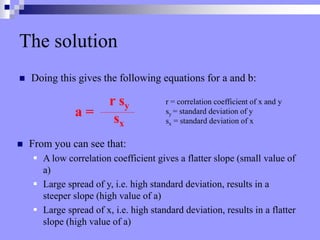 The solution
 Doing this gives the following equations for a and b:
a =
r sy
sx
r = correlation coefficient of x and y
sy = standard deviation of y
sx = standard deviation of x
 From you can see that:
 A low correlation coefficient gives a flatter slope (small value of
a)
 Large spread of y, i.e. high standard deviation, results in a
steeper slope (high value of a)
 Large spread of x, i.e. high standard deviation, results in a flatter
slope (high value of a)
 