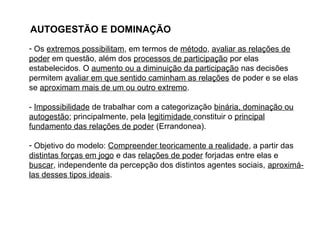 AUTOGESTÃO E DOMINAÇÃO
- Os extremos possibilitam, em termos de método, avaliar as relações de
poder em questão, além dos processos de participação por elas
estabelecidos. O aumento ou a diminuição da participação nas decisões
permitem avaliar em que sentido caminham as relações de poder e se elas
se aproximam mais de um ou outro extremo.
- Impossibilidade de trabalhar com a categorização binária, dominação ou
autogestão; principalmente, pela legitimidade constituir o principal
fundamento das relações de poder (Errandonea).
- Objetivo do modelo: Compreender teoricamente a realidade, a partir das
distintas forças em jogo e das relações de poder forjadas entre elas e
buscar, independente da percepção dos distintos agentes sociais, aproximá-
las desses tipos ideais.
 