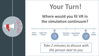 Your Turn!
Where would you fit VR in
the simulation continuum?
Take 2 minutes to discuss with
the person next to you
 