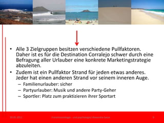 Alle 3 Zielgruppen besitzen verschiedene Pullfaktoren. Daher ist es für die Destination Corralejo schwer durch eine Befragung aller Urlauber eine konkrete Marketingstrategie abzuleiten.Zudem ist ein Pullfaktor Strand für jeden etwas anderes. Jeder hat einen anderen Strand vor seinem inneren Auge.Familienurlauber: sicherPartyurlauber: Musik und andere Party-GeherSportler: Platz zum praktizieren ihrer Sportart 30.05.11Freizeitsoziologie - und psychologie/ Alexandra Sasse9