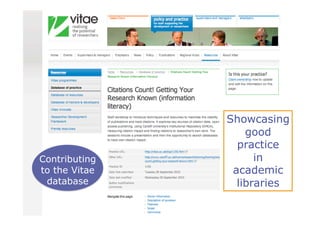 Showcasing
                   good
                 practice
Contributing         in
to the Vitae    academic
 database        libraries
 