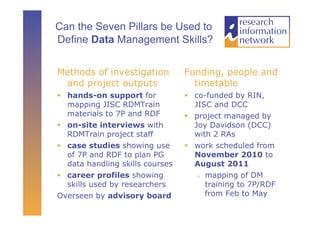 Can the Seven Pillars be Used to
Define Data Management Skills?


Methods of investigation          Funding, people and
 and project outputs                timetable
  hands-on support for             co-funded by RIN,
   mapping JISC RDMTrain             JISC and DCC
   materials to 7P and RDF          project managed by
  on-site interviews with           Joy Davidson (DCC)
   RDMTrain project staff            with 2 RAs
  case studies showing use         work scheduled from
   of 7P and RDF to plan PG          November 2010 to
   data handling skills courses      August 2011
  career profiles showing              mapping of DM

   skills used by researchers            training to 7P/RDF
Overseen by advisory board               from Feb to May
 