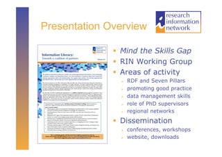 Presentation Overview

                Mind the Skills Gap
                RIN Working Group
                Areas of activity
                    RDF and Seven Pillars
                    promoting good practice
                    data management skills
                    role of PhD supervisors
                    regional networks
                Dissemination
                    conferences, workshops
                    website, downloads
 