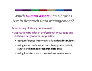 Which	
  Human	
  Assets	
  Can	
  Libraries	
  
Use	
  In	
  Research	
  Data	
  Management?	
  
	
  
Repurposing	
  of	
  library	
  human	
  assets	
  
− applica4on/transfer	
  of	
  professional	
  knowledge	
  and	
  
skills	
  to	
  emergent	
  areas	
  of	
  prac4ce	
  
•  using	
  reference	
  interview	
  skills	
  in	
  data	
  interviews	
  	
  
•  using	
  exper4se	
  in	
  collec4ons	
  to	
  appraise,	
  select,	
  
curate	
  and	
  manage	
  research	
  data	
  sets	
  
•  using	
  literature	
  search	
  know-­‐how	
  in	
  new	
  ways	
  .	
  .	
  .	
  

 