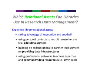 Which	
  Rela&onal	
  Assets	
  Can	
  Libraries	
  
Use	
  In	
  Research	
  Data	
  Management?	
  
	
  
Exploi4ng	
  library	
  rela4onal	
  assets	
  
–  taking	
  advantage	
  of	
  reputa4on	
  and	
  goodwill	
  	
  
•  using	
  personal	
  contacts	
  to	
  recruit	
  researchers	
  to	
  
trial	
  pilot	
  data	
  services	
  	
  
•  building	
  on	
  collabora4ons	
  to	
  partner	
  tech	
  services	
  
on	
  providing	
  data	
  infrastructures	
  
•  using	
  professional	
  networks	
  to	
  access	
  exper4se	
  
and	
  community	
  data	
  resources	
  (e.g.,	
  DMP	
  Tool)	
  	
  	
  

 