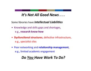It’s	
  Not	
  All	
  Good	
  News	
  .	
  .	
  .
	
  
Some	
  libraries	
  have	
  Intellectual	
  Liabili&es	
  
•  Knowledge	
  and	
  skills	
  gaps	
  and	
  shortages,	
  
e.g.,	
  research	
  know-­‐how	
  
•  Dysfunc1onal	
  structures,	
  defec4ve	
  infrastructure,	
  
e.g.,	
  specialist	
  silos	
  
•  Poor	
  networking	
  and	
  rela1onship	
  management,	
  
e.g.,	
  limited	
  academic	
  engagement	
  

Do	
  You	
  Have	
  Work	
  To	
  Do?
	
  

 