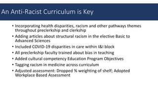 • Incorporating health disparities, racism and other pathways themes
throughout preclerkship and clerkship
• Adding articles about structural racism in the elective Basic to
Advanced Sciences
• Included COVID-19 disparities in care within I&I block
• All preclerkship faculty trained about bias in teaching
• Added cultural competency Education Program Objectives
• Tagging racism in medicine across curriculum
• Adjusted assessment: Dropped % weighting of shelf; Adopted
Workplace Based Assessment
An Anti-Racist Curriculum is Key
 
