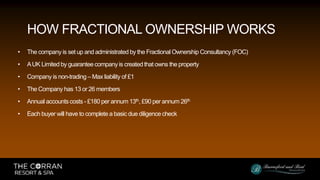• The company is set up and administrated by the Fractional Ownership Consultancy (FOC)
• AUK Limited by guarantee company is created that owns the property
• Company is non-trading – Max liability of £1
• The Company has 13 or 26 members
• Annual accounts costs - £180 per annum 13th, £90 per annum 26th
• Each buyer will have to complete a basic due diligence check
HOW FRACTIONAL OWNERSHIP WORKS
 