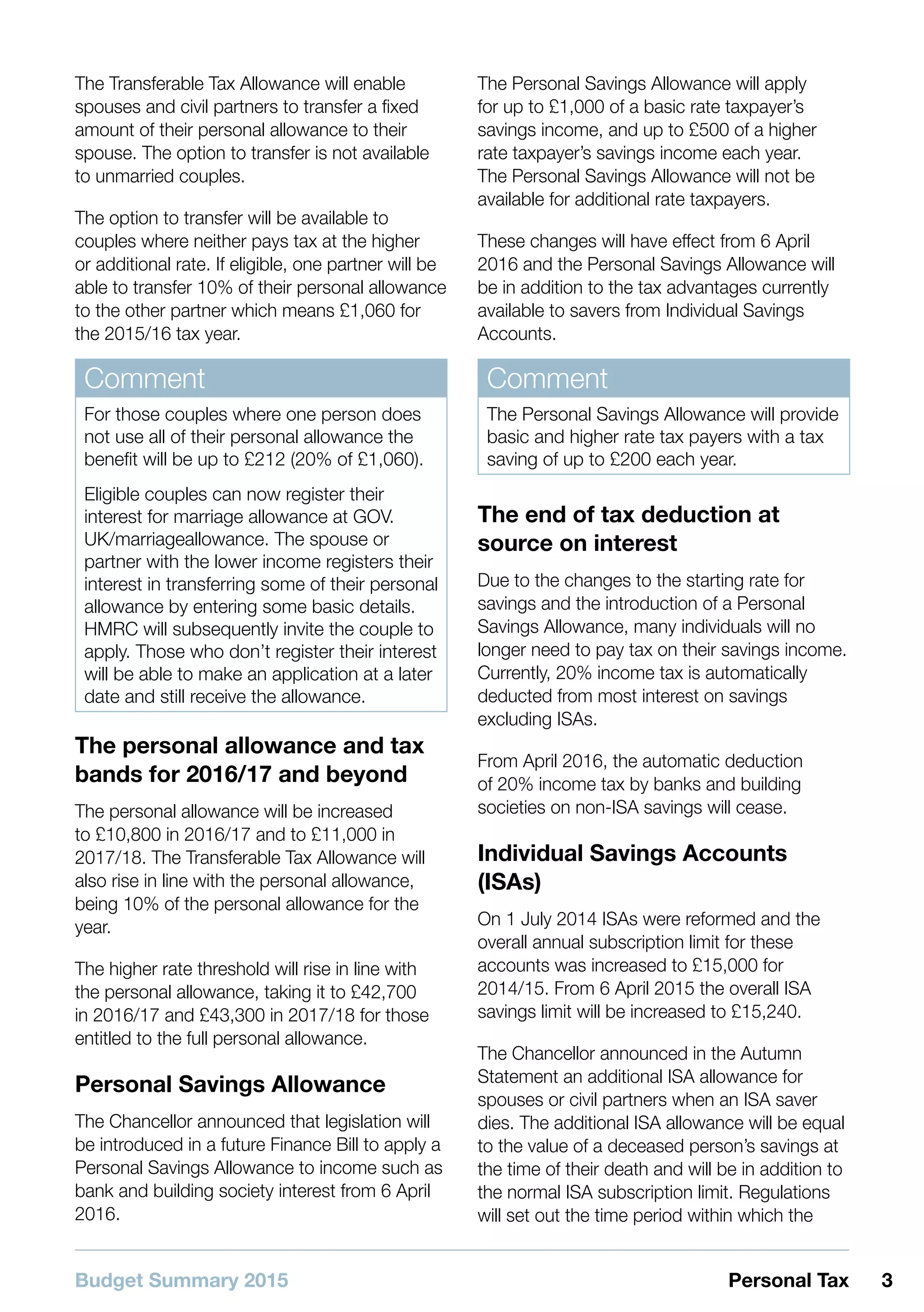 Budget Summary 2015 3Personal Tax
The Transferable Tax Allowance will enable
spouses and civil partners to transfer a fixed
amount of their personal allowance to their
spouse. The option to transfer is not available
to unmarried couples.
The option to transfer will be available to
couples where neither pays tax at the higher
or additional rate. If eligible, one partner will be
able to transfer 10% of their personal allowance
to the other partner which means £1,060 for
the 2015/16 tax year.
Comment
For those couples where one person does
not use all of their personal allowance the
benefit will be up to £212 (20% of £1,060).
Eligible couples can now register their
interest for marriage allowance at GOV.
UK/marriageallowance. The spouse or
partner with the lower income registers their
interest in transferring some of their personal
allowance by entering some basic details.
HMRC will subsequently invite the couple to
apply. Those who don’t register their interest
will be able to make an application at a later
date and still receive the allowance.
The personal allowance and tax
bands for 2016/17 and beyond
The personal allowance will be increased
to £10,800 in 2016/17 and to £11,000 in
2017/18. The Transferable Tax Allowance will
also rise in line with the personal allowance,
being 10% of the personal allowance for the
year.
The higher rate threshold will rise in line with
the personal allowance, taking it to £42,700
in 2016/17 and £43,300 in 2017/18 for those
entitled to the full personal allowance.
Personal Savings Allowance
The Chancellor announced that legislation will
be introduced in a future Finance Bill to apply a
Personal Savings Allowance to income such as
bank and building society interest from 6 April
2016.
The Personal Savings Allowance will apply
for up to £1,000 of a basic rate taxpayer’s
savings income, and up to £500 of a higher
rate taxpayer’s savings income each year.
The Personal Savings Allowance will not be
available for additional rate taxpayers.
These changes will have effect from 6 April
2016 and the Personal Savings Allowance will
be in addition to the tax advantages currently
available to savers from Individual Savings
Accounts.
Comment
The Personal Savings Allowance will provide
basic and higher rate tax payers with a tax
saving of up to £200 each year.
The end of tax deduction at
source on interest
Due to the changes to the starting rate for
savings and the introduction of a Personal
Savings Allowance, many individuals will no
longer need to pay tax on their savings income.
Currently, 20% income tax is automatically
deducted from most interest on savings
excluding ISAs.
From April 2016, the automatic deduction
of 20% income tax by banks and building
societies on non-ISA savings will cease.
Individual Savings Accounts
(ISAs)
On 1 July 2014 ISAs were reformed and the
overall annual subscription limit for these
accounts was increased to £15,000 for
2014/15. From 6 April 2015 the overall ISA
savings limit will be increased to £15,240.
The Chancellor announced in the Autumn
Statement an additional ISA allowance for
spouses or civil partners when an ISA saver
dies. The additional ISA allowance will be equal
to the value of a deceased person’s savings at
the time of their death and will be in addition to
the normal ISA subscription limit. Regulations
will set out the time period within which the
 