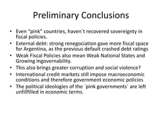 Preliminary Conclusions 
• Even “pink” countries, haven´t recovered sovereignty in 
fiscal policies. 
• External debt: strong renegociation gave more fiscal space 
for Argentina, as the previous default crashed debt ratings 
• Weak Fiscal Policies also mean Weak National States and 
Growing Ingovernability. 
• This also brings greater corruption and social violence? 
• International credit markets still impose macroeconomic 
conditions and therefore government economic policies 
• The political ideologies of the ´pink governments´ are left 
unfillfilled in economic terms. 
 