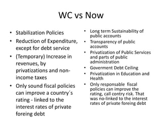 WC vs Now 
• Stabilization Policies 
• Reduction of Expenditure, 
except for debt service 
• (Temporary) Increase in 
revenues, by 
privatizations and non-income 
taxes 
• Only sound fiscal policies 
can improve a country´s 
rating - linked to the 
interest rates of private 
foreing debt 
• Long term Sustainability of 
public accounts 
• Transparency of public 
accounts 
• Privatization of Public Services 
and parts of public 
administration 
• Goverment Debt Ceiling 
• Privatization in Education and 
Health 
• Only responsable fiscal 
policies can improve the 
rating, call contry risk. That 
was no-linked to the interest 
rates of private foreing debt 
 