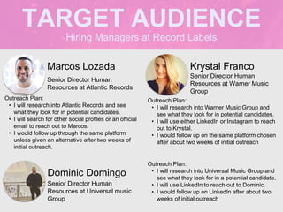Hiring Managers at Record Labels
TARGET AUDIENCE
Marcos Lozada
Outreach Plan:
• I will research into Atlantic Records and see
what they look for in potential candidates.
• I will search for other social profiles or an official
email to reach out to Marcos.
• I would follow up through the same platform
unless given an alternative after two weeks of
initial outreach.
Senior Director Human
Resources at Atlantic Records
Krystal Franco
Outreach Plan:
• I will research into Warner Music Group and
see what they look for in potential candidates.
• I will use either LinkedIn or Instagram to reach
out to Krystal.
• I would follow up on the same platform chosen
after about two weeks of initial outreach
Senior Director Human
Resources at Warner Music
Group
Dominic Domingo
Outreach Plan:
• I will research into Universal Music Group and
see what they look for in a potential candidate.
• I will use LinkedIn to reach out to Dominic.
• I would follow up on LinkedIn after about two
weeks of initial outreach
Senior Director Human
Resources at Universal music
Group
 