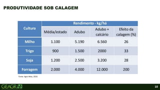 10
PRODUTIVIDADE SOB CALAGEM
Fonte: Agro Atlas, 2010.
 