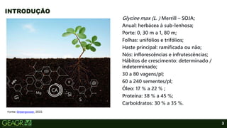 3
Glycine max (L. ) Merrill – SOJA;
Anual: herbácea à sub-lenhosa;
Porte: 0, 30 m a 1, 80 m;
Folhas: unifólios e trifólios;
Haste principal: ramificada ou não;
Nós: inflorescências e infrutescências;
Hábitos de crescimento: determinado /
indeterminado;
30 a 80 vagens/pl;
60 a 240 sementes/pl;
Óleo: 17 % a 22 % ;
Proteína: 38 % a 45 %;
Carboidratos: 30 % a 35 %.
INTRODUÇÃO
Fonte: Greenpower, 2022.
 