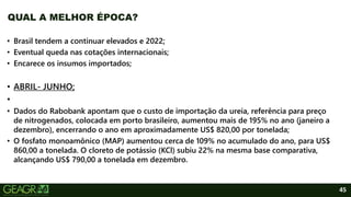 45
• Brasil tendem a continuar elevados e 2022;
• Eventual queda nas cotações internacionais;
• Encarece os insumos importados;
• ABRIL- JUNHO;
•
• Dados do Rabobank apontam que o custo de importação da ureia, referência para preço
de nitrogenados, colocada em porto brasileiro, aumentou mais de 195% no ano (janeiro a
dezembro), encerrando o ano em aproximadamente US$ 820,00 por tonelada;
• O fosfato monoamônico (MAP) aumentou cerca de 109% no acumulado do ano, para US$
860,00 a tonelada. O cloreto de potássio (KCl) subiu 22% na mesma base comparativa,
alcançando US$ 790,00 a tonelada em dezembro.
QUAL A MELHOR ÉPOCA?
 