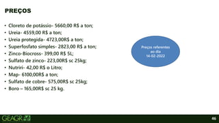 46
• Cloreto de potássio- 5660,00 R$ a ton;
• Ureia- 4559,00 R$ a ton;
• Ureia protegida- 4723,00R$ a ton;
• Superfosfato simples- 2823,00 R$ a ton;
• Zinco-Biocross- 399,00 R$ 5L;
• Sulfato de zinco- 223,00R$ sc 25kg;
• Nutriri- 42,00 R$ o Litro;
• Map- 6100,00R$ a ton;
• Sulfato de cobre- 575,00R$ sc 25kg;
• Boro – 165,00R$ sc 25 kg.
PREÇOS
Preços referentes
ao dia
14-02-2022
 