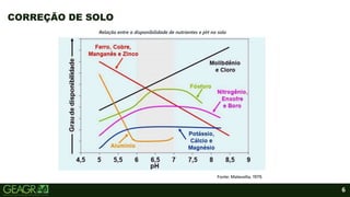 6
CORREÇÃO DE SOLO
Fonte: Malavolta, 1979.
Relação entre a disponibilidade de nutrientes e pH no solo
 