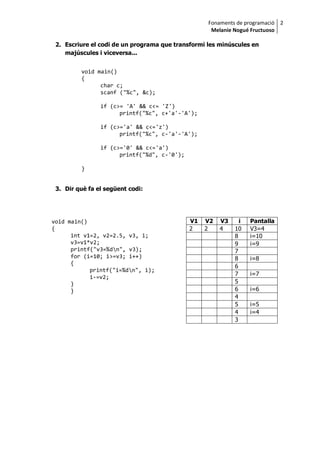 Fonaments de programació
Melanie Nogué Fructuoso
2
2. Escriure el codi de un programa que transformi les minúscules en
majúscules i viceversa...
3. Dir què fa el següent codi:
V1 V2 V3 i Pantalla
2 2 4 10 V3=4
8 i=10
9 i=9
7
8 i=8
6
7 i=7
5
6 i=6
4
5 i=5
4 i=4
3
void main()
{
char c;
scanf ("%c", &c);
if (c>= 'A' && c<= 'Z')
printf("%c", c+'a'-'A');
if (c>='a' && c<='z')
printf("%c", c-'a'-'A');
if (c>='0' && c<='a')
printf("%d", c-'0');
}
void main()
{
int v1=2, v2=2.5, v3, i;
v3=v1*v2;
printf("v3=%dn", v3);
for (i=10; i>=v3; i++)
{
printf("i=%dn", i);
i-=v2;
}
}
 