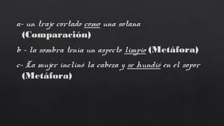 a- un traje cortado como una sotana
(Comparación)
b - la sombra tenía un aspecto limpio (Metáfora)
c- La mujer inclinó la cabeza y se hundió en el sopor
(Metáfora)
 