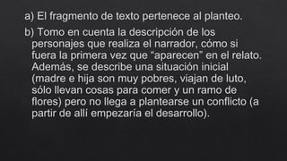 a) El fragmento de texto pertenece al planteo.
b) Tomo en cuenta la descripción de los
personajes que realiza el narrador, cómo si
fuera la primera vez que “aparecen” en el relato.
Además, se describe una situación inicial
(madre e hija son muy pobres, viajan de luto,
sólo llevan cosas para comer y un ramo de
flores) pero no llega a plantearse un conflicto (a
partir de allí empezaría el desarrollo).
 
