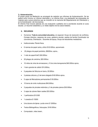 3.- Autoevaluación.
El propio grupo de Mediación se encargará de redactar sus informes de Autoevaluación. Se les
pedirá como mínimo un informe intermedio y un informe final y se plantearán las propuestas de
mejoras para cursos próximos que se incluirán en la memoria del Departamento de Orientación y
en la Coordinación de Convivencia.
El informe final incluirá además de una evaluación cualitativa de lo acontecido durante el curso
escolar, un resumen estadístico y un relato objetivo de los casos tratados.
6. RECURSOS
• Humanos: Toda la comunidad educativa, en especial: Grupo de resolución de conflictos,
Consejo directivo, asesores de curso, gobierno escolar, padres de familia Coordinador de
convivencia, Orientación, Docentes de apoyo, Grupo de estudiantes mediadores.
• Institucionales: Planta física.
• 6 resmas de papel carta y oficio $ 63.000oo, aproximado
• 20 pliegos de papel periódico, $6000oo, aprox.,
• 1 rollo de papel Kraff, $30.000oo
• 20 pliegos de cartulina, $20.000oo
• 10 rollos de cinta de enmascarar y 10 de cinta transparente $40.000oo aprox,
• 1 tarro grande de colbón $10.000oo,
• 5 paquetes de Silicona en barra, 20.000oo
• 3 pistolas silicona y 2 de barra delgada $ 60.000oo aprox.
• 5 cajas de Marcadores permanentes $ 50.000oo
• 10 tarros de vinilo multicolores $40.000oo
• 3 paquetes de pinceles redondos y 3 de pinceles planos $30.000oo
• 3 cajas de colores faber castles $33.000oo
• 1 perforadora $10.000
• 1 cosedora $ 15000
• Una docena de tijeras punta roma $ 12000oo
• Textos Bibliográficos, fotocopias. $100.000oo
• Computador, video beam,
5
 