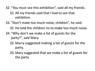 32. “You must see this exhibition”, said all my friends.
32. All my friends said that I had to see that
exhibition.
33. “Don’t make too much noise, children”, he said.
32. He told the children no to make too much noise.
34. “Why don’t we make a list of guests for the
party?”, said Mary.
32. Marry suggested making a list of guests for the
party.
33. Mary suggested that we make a list of guests for
the party

 
