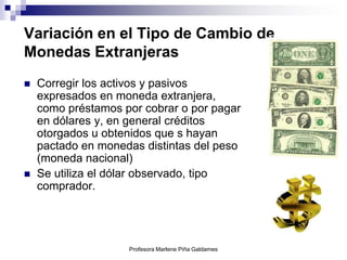 Variación en el Tipo de Cambio de
Monedas Extranjeras
   Corregir los activos y pasivos
    expresados en moneda extranjera,
    como préstamos por cobrar o por pagar
    en dólares y, en general créditos
    otorgados u obtenidos que s hayan
    pactado en monedas distintas del peso
    (moneda nacional)
   Se utiliza el dólar observado, tipo
    comprador.




                    Profesora Marlene Piña Galdames
 