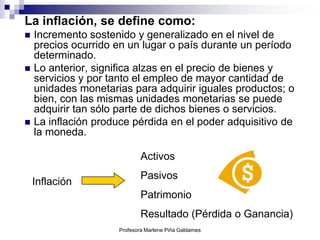 La inflación, se define como:
   Incremento sostenido y generalizado en el nivel de
    precios ocurrido en un lugar o país durante un período
    determinado.
   Lo anterior, significa alzas en el precio de bienes y
    servicios y por tanto el empleo de mayor cantidad de
    unidades monetarias para adquirir iguales productos; o
    bien, con las mismas unidades monetarias se puede
    adquirir tan sólo parte de dichos bienes o servicios.
   La inflación produce pérdida en el poder adquisitivo de
    la moneda.

                              Activos
                              Pasivos
    Inflación
                              Patrimonio
                              Resultado (Pérdida o Ganancia)
                      Profesora Marlene Piña Galdames
 
