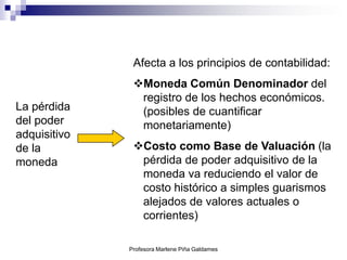Afecta a los principios de contabilidad:
               Moneda Común Denominador del
                registro de los hechos económicos.
La pérdida      (posibles de cuantificar
del poder       monetariamente)
adquisitivo
de la          Costo como Base de Valuación (la
moneda          pérdida de poder adquisitivo de la
                moneda va reduciendo el valor de
                costo histórico a simples guarismos
                alejados de valores actuales o
                corrientes)

              Profesora Marlene Piña Galdames
 