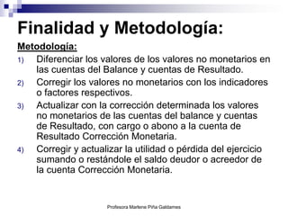 Finalidad y Metodología:
Metodología:
1) Diferenciar los valores de los valores no monetarios en
   las cuentas del Balance y cuentas de Resultado.
2) Corregir los valores no monetarios con los indicadores
   o factores respectivos.
3) Actualizar con la corrección determinada los valores
   no monetarios de las cuentas del balance y cuentas
   de Resultado, con cargo o abono a la cuenta de
   Resultado Corrección Monetaria.
4) Corregir y actualizar la utilidad o pérdida del ejercicio
   sumando o restándole el saldo deudor o acreedor de
   la cuenta Corrección Monetaria.


                     Profesora Marlene Piña Galdames
 
