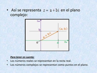 • Así se representa                      en el plano
  complejo:




  Para tener en cuenta:
• Los números reales se representan en la recta real.
• Los números complejos se representan como puntos en el plano.
 