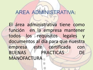 AREA ADMINISTRATIVA: 
El área administrativa tiene como 
función en la empresa mantener 
todos los requisitos legales y 
documentos al día para que nuestra 
empresa este certificada con 
BUENAS PRACTICAS DE 
MANOFACTURA 
 