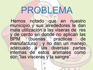 PROBLEMA 
Hemos notado que en nuestro 
municipio y sus alrededores le dan 
mala utilización a las viseras de res 
y de cerdo en donde no aplican las 
BPM (buenas practicas de 
manufactura) ; y no dan un manejo 
adecuado a las diversas partes 
internas de estos animales como 
son:”las vísceras y la sangre” 
 
