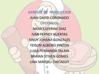 GERENTE DE PRODUCCION 
JUAN DAVID CORONADO 
OPERARIOS 
NIDIA KATERINE DIAZ 
IVAN FERNEY HUERTAS 
SINDY JOHANA GONZALES 
YEISON ALBEIRO PINZON 
LUISA FERNANDA TALAYA 
BRAYAN STIVEN GOMES 
LINA MAYERLI CHICAGUY 
 