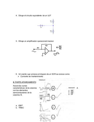 4. Dibuje el circuito equivalente de un UJT
5. Dibuje un amplificador operacional inversor
6. Un evento que provoca el disparo de un SCR se conoce como
 Corriente de mantenimiento
III PARTE.APAREAMIENTO
Asocie las curvas
características de la columna A
con los elementos
semiconductores de la
columna B.
a. IGBT
b. TRIAC
 