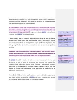 De la transacción reciproca entre autor, texto y lector surge no solo la capacitación
del contenido (nivel referencial), sino también el sentido a los múltiples sentidos
que generan las construcción creativa del texto.
El lector establece con el texto una relación en la que involucra no solo aspectos
personales, sensitivos, imaginativos y asociativos (mediante los cuales utiliza sus
esquemas cognitivos y culturales). Sino que, además, se plantea expectativas e
hipótesis, con relajación al mensaje del autor.
De esta manera, el lector trasciende la simple referencialidad del texto, ya que de
acuerdo con el interés que el texto despierte en el, activa y enriquece sus propios
esquemas cognoscitivos. En otras palabras, capta significantes lingüísticos, les
atribuye significados y, mediante interacciones con el enunciado, produce
sentidos.
A través de este proceso interactivo, el lector produce otro texto, re-crea la lectura.
En este sentido el texto que cada lector produce es diferente aunque esté ligado al
texto leído y el resultado el proceso de lectura será así un proceso creativo.
En síntesis el modelo interactivo de lectura permite una construcción teórica que
da cuenta de todo el rango de complejidad que atraviesa este proceso. Lo
considera como una acción cultural, social, individual y colectiva que pone en
interacción no solo los aspectos implícitos al texto, al autor y al lector, sino que
implica un proceso de comunicación y de producción de significado en la
articulación con la escritura.
Frank Smith (1982), considera que “la lectura no es una actividad visual, tampoco
una simple cuestión de decodificar el sonido en la lectura interactúan dos fuentes
de información: la información visual y la información no visual”.
Comentario [ACBN30]: USO
INADECUADO DEL PUNTO, USAR LA
COMA.
Comentario [Bv31]: PLAGIO DE
INTERNET
Comentario [ACBN32]: PLANTEAN
Comentario [ACBN33]: ERROR EN
ELECCIÓN DE PALABRA: relación.
Comentario [ACBN34]: ERROR
GRAMÁTICO: él
Comentario [ACBN35]: USO
INADECUADO DE LA COMA.
Comentario [ACBN36]: DEL
PROCESO
Comentario [Bv37]: PLAGIO DE
INTERNET
Comentario [ACBN38]: UTILIZAR
COMA AL FINAL PARA HACER LA
PAUSA CORRESPONDIENTE.
Comentario [ACBN39]: UTILIZAR
PUNTO SEGUIDO PARA SEPARAR
IDEAS.
 