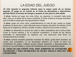 LA EDAD DEL JUEGO
 El niño durante la segunda infancia pasa la mayor parte de su tiempo
jugando. El juego es un mundo en el modo de descubrirlo y descubrirse,
permite liberar el exceso de energía y prepara al niño para la vida adulta.
3  años: interés por jugar con otros niños, sin organizar ni compartir nada entre
ellos, solo por el placer de la mutua compañía. El tema central es el juego dramático
que le facilita la superación del egocentrismo infantil.
4 años: juega con otros niños, preferiblemente no mas de dos, posee un amigo
predilecto de igual sexo y esta dispuesto para el ingreso del jardín de infantes. Es la
etapa de la vergüenza, tiende a ocultar el rostro y retorna la iría contra si mismo.
5 años: se desarrolla en grupos de cuatro a siete compañeros de la misma edad.
Crece el vinculo afectivo y es el estimulo competitivo. A través de las figuras
parentales la personalidad se organiza con una estructura mas firme. La
consecuencia es la unidad.
6 años: todavía necesita explicitas muestras de afecto, gusta tener secretos, se
vuelve mas competitivo, no es demasiado selectivo en cuanto al sexo sus
compañeros de juegos, integran grupos todavía pequeños y desorganizados, es
brusco en sus actividades y carece de habilidades para la sociabilidad adulta.
EL JUEGO ES UNA FUENTE VITAL PARA AUMENTAR SU AUTOESTIMA, SU
VALORACION Y PARA ESTABLECER UN SOLIDO VINCULO AFECTIVO CON
LOS MAYORES.
 