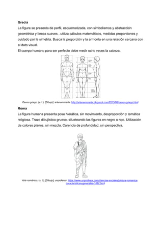 Grecia
La figura se presenta de perfil, esquematizada, con simbolismos y abstracción
geométrica y líneas suaves , utiliza cálculos matemáticos, medidas proporciones y
cuidado por la simetría. Busca la proporción y la armonía en una relación cercana con
el dato visual.
El cuerpo humano para ser perfecto debe medir ocho veces la cabeza.
Canon griego. (s. f.). [Dibujo]. artenamorarte. http://artenamorarte.blogspot.com/2013/06/canon-griego.html
Roma
La figura humana presenta pose hierática, sin movimiento, desproporción y temática
religiosa. Trazo dibujístico grueso, silueteando las figuras en negro o rojo. Utilización
de colores planos, sin mezcla. Carencia de profundidad, sin perspectiva.
Arte románico. (s. f.). [Dibujo]. unprofesor. https://www.unprofesor.com/ciencias-sociales/pintura-romanica-
caracteristicas-generales-1892.html
 