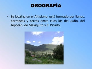 OROGRAFÍA
• Se localiza en el Altiplano, está formado por llanos,
barrancas y cerros entre ellos los del Judío, del
Tepozá...