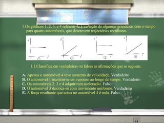 1. Os gráficos 1, 2, 3, e 4 referem-se à variação de algumas grandezas com o tempo para quatro automóveis, que descrevem trajectórias rectilíneas. 1.1. Classifica em verdadeiras ou falsas as afirmações que se seguem. A.   Apenas o automóvel 4 teve aumento de velocidade.  Verdadeiro B.   O automóvel 1 mantém-se em repouso ao longo do tempo.  Verdadeiro C.   Os automóveis 2, 3 e 4 adquiriram aceleração.  Falso D.   O automóvel 3 desloca-se com movimento uniforme.  Verdadeiro E.   A força resultante que actua no automóvel 4 é nula.  Falso 