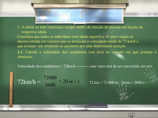 2. A tabela ao lado relaciona o tempo médio de reacção de pessoas em função da respectiva idade. Considera que todos os indivíduos com idade superior a 10 anos viajam na mesma estrada em veículos que se deslocam à velocidade média de 72 km/h e que avistam  um obstáculo ao passarem por uma determinada posição. 2.1.  Calcula a velocidade dos condutores (em m/s) no instante em que avistam o obst áculo. Velocidade dos condutores = 72km/h ---------- este valor ter á de ser convertido em m/s. 72km/h =   72 km = 72 000 m ; 1hora = 3600 s 