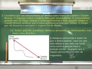 3. Considera que um automobilista se desloca entre Viana do Castelo e Castelo Branco. O esquema indica o trajecto feito pelo automobilista. O automobilista quando saiu de Viana colocou o conta-quilómetros a zero; quando chegou a Castelo Branco verificou que o conta-quilómetros marcava 320km. O tempo que ele demorou a percorrer o trajecto foi de 4horas. 3.2.  Indica qual das grandezas, distância percorrida ou deslocamento, tem maior valor. Justifica .   A dist ância percorrida é maior do que o deslocamento, uma vez que este último é um valor em linha recta entre a posição final e posição inicial.  Ao passo que o espaço percorrida é o valor da trajectória.   