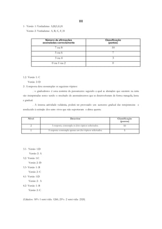 III
1- Versão 1: Verdadeiras: A,B,E,G,H
Versão 2: Verdadeiras: A, B, C, F, H
Número de afirmações
assinaladas correctamente
Classificação
(pontos)
7 ou 8 10
5 ou 6 7
3 ou 4 3
0 ou 1 ou 2 0
1.2- Versão 1: C
Versão 2: D
2- A resposta deve contemplar os seguintes tópicos:
. o gradualismo é uma corrente de pensamento segundo a qual as alterações que ocorrem na terra
são interpretadas como sendo o resultado de acontecimentos que se desenvolveram de forma tranquila, lenta
e gradual.
. A intensa actividade vulcânica, poderá ter provocado um aumento gradual das temperaturas e
conduzido à extinção dos seres vivos que não suportavam o clima quente.
Nível Descritor Classificação
(pontos)
2 A resposta contempla os dois tópicos solicitados. 10
1 A resposta contempla apenas um dos tópicos solicitados. 5
3.1- Versão 1:D
Versão 2: A
3.2- Versão 1:C
Versão 2: D
3.3- Versão 1: B
Versão 2: C
4.1- Versão 1:D
Versão 2: A
4.2- Versão 1: B
Versão 2: C
(Cálculos: 50% 1 semi-vida- 1260, 25%- 2 semi-vida- 2520)
 
