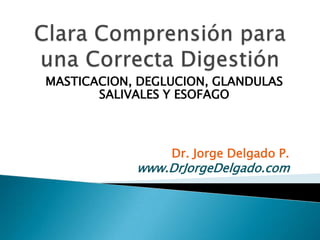 MASTICACION, DEGLUCION, GLANDULAS
SALIVALES Y ESOFAGO
Dr. Jorge Delgado P.
www.DrJorgeDelgado.com
 
