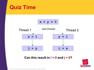 TS-754, Correct and Efficient Synchronization of Java Threads9
Quiz Time
x = y = 0
x = 1
j = y
Thread 1
y = 1
i = x
Thread 2
Can this result in i = 0 and j = 0?
start threads
 