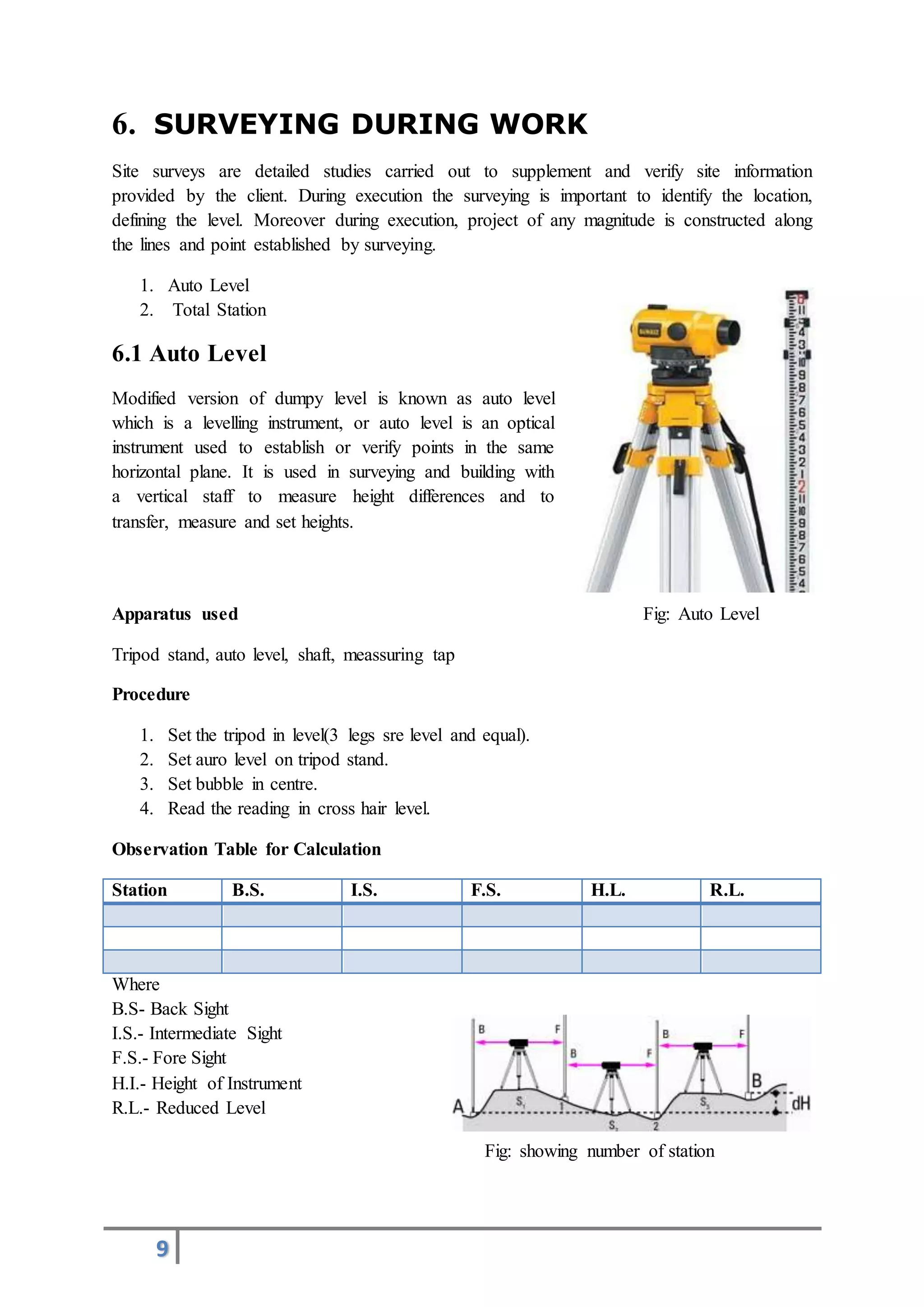 9
6. SURVEYING DURING WORK
Site surveys are detailed studies carried out to supplement and verify site information
provided by the client. During execution the surveying is important to identify the location,
defining the level. Moreover during execution, project of any magnitude is constructed along
the lines and point established by surveying.
1. Auto Level
2. Total Station
6.1 Auto Level
Modified version of dumpy level is known as auto level
which is a levelling instrument, or auto level is an optical
instrument used to establish or verify points in the same
horizontal plane. It is used in surveying and building with
a vertical staff to measure height differences and to
transfer, measure and set heights.
Apparatus used Fig: Auto Level
Tripod stand, auto level, shaft, meassuring tap
Procedure
1. Set the tripod in level(3 legs sre level and equal).
2. Set auro level on tripod stand.
3. Set bubble in centre.
4. Read the reading in cross hair level.
Observation Table for Calculation
Station B.S. I.S. F.S. H.L. R.L.
Where
B.S- Back Sight
I.S.- Intermediate Sight
F.S.- Fore Sight
H.I.- Height of Instrument
R.L.- Reduced Level
Fig: showing number of station
 